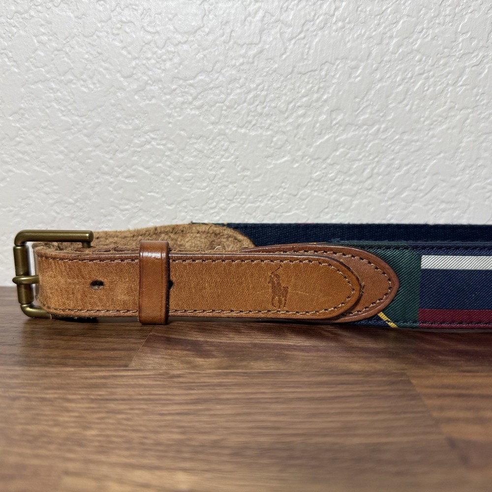 Polo Ralph Lauren Men 36 Belt Varsity Collegiate Skulls Patchwork Fabric/Leather - Picture 3 of 8